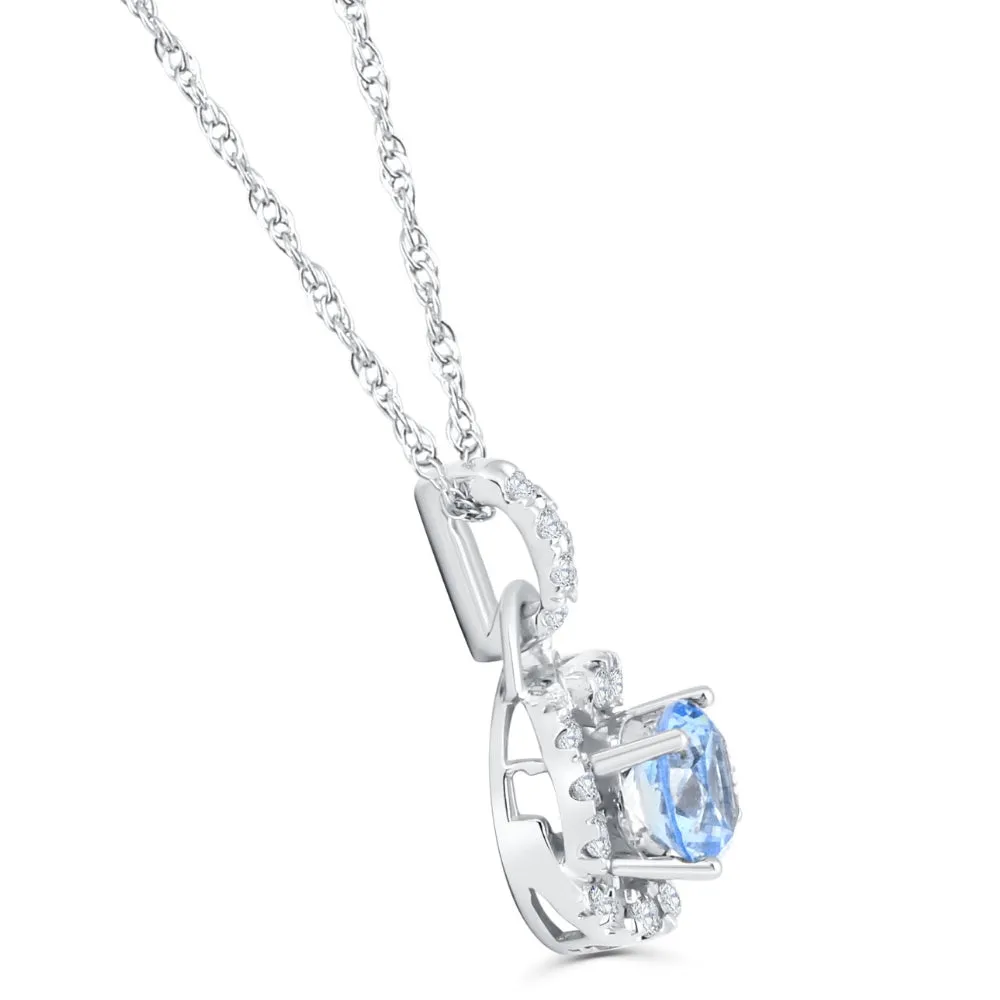 1 1/6Ct Aquamarine & Diamond Round Halo Pendant 10k White Gold Women's Necklace