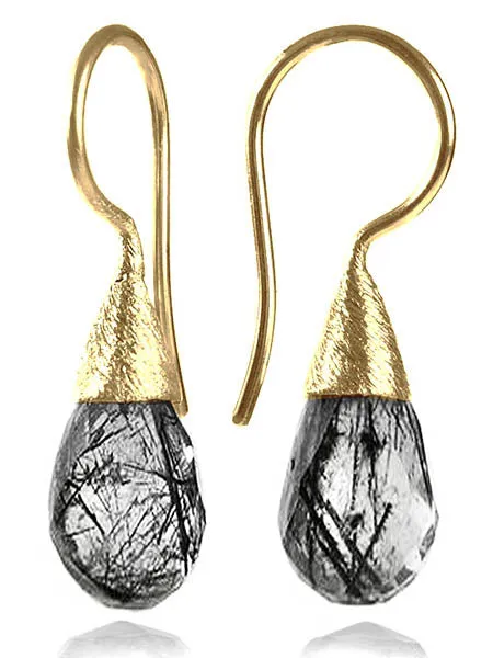 18K Gold Plated Small Quartz with Brushed Top Earrings Black Rutile Quartz