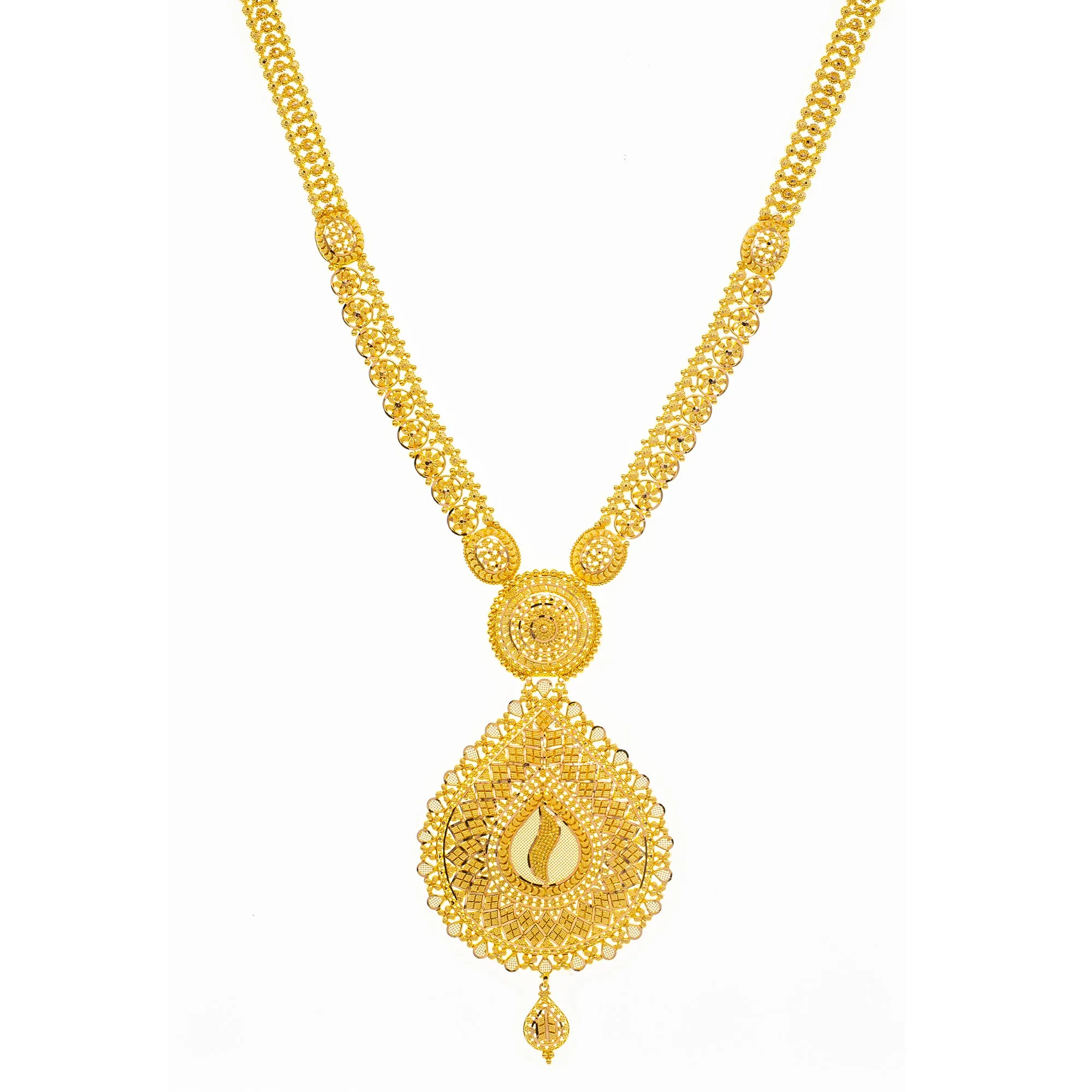 22K Yellow Gold Long Filigree Necklace Set (92.2gm)