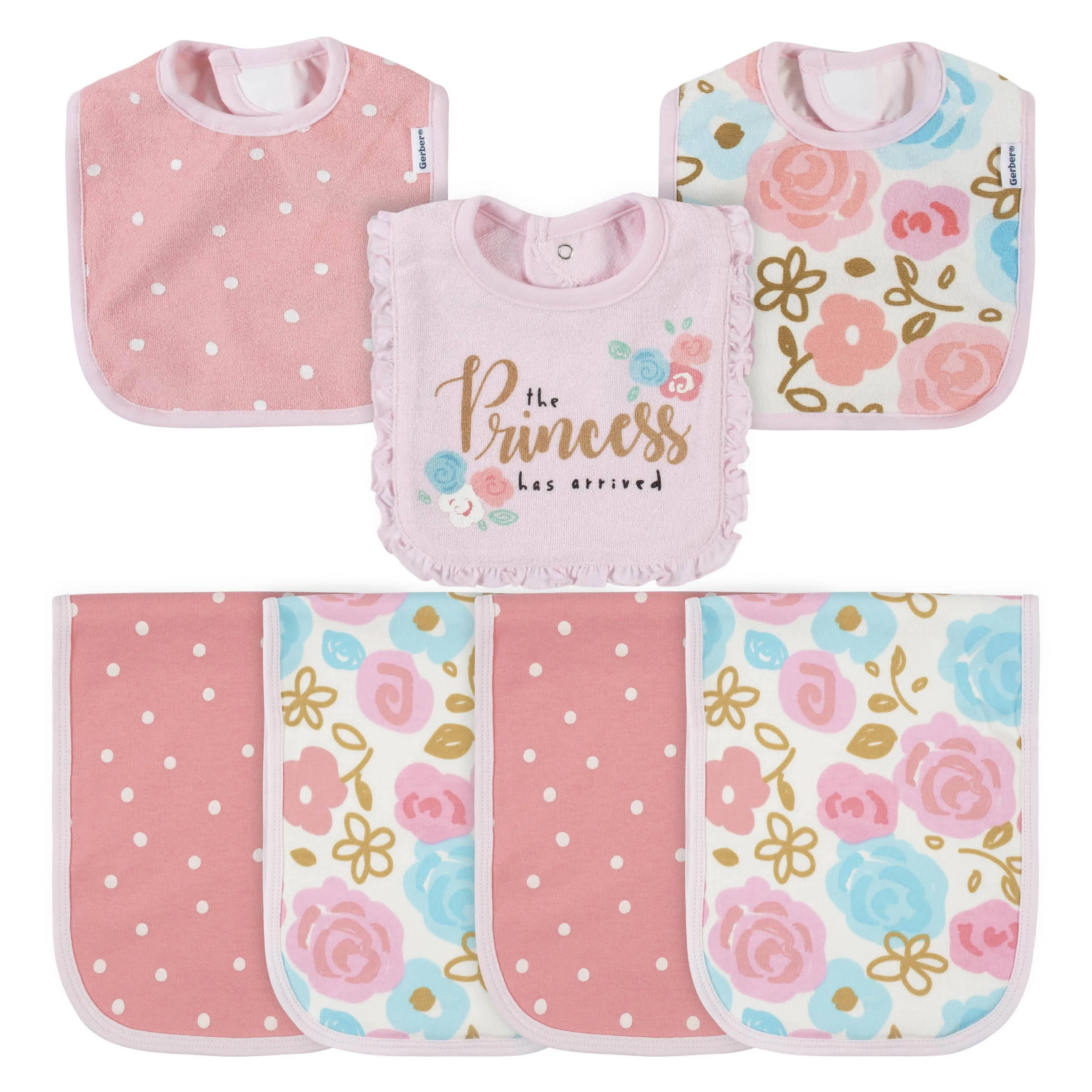 7-Piece Baby Girls Princess Terry Bibs & Terry Burp Cloths Set