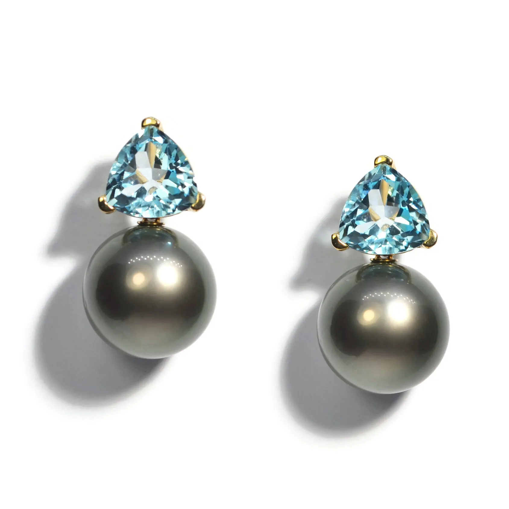 A & Furst - Bonbon - Drop Earrings with Blue Topaz and Black Tahitian Pearls, 18k Yellow Gold