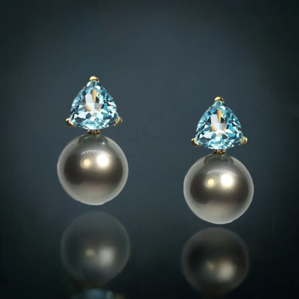 A & Furst - Bonbon - Drop Earrings with Blue Topaz and Black Tahitian Pearls, 18k Yellow Gold