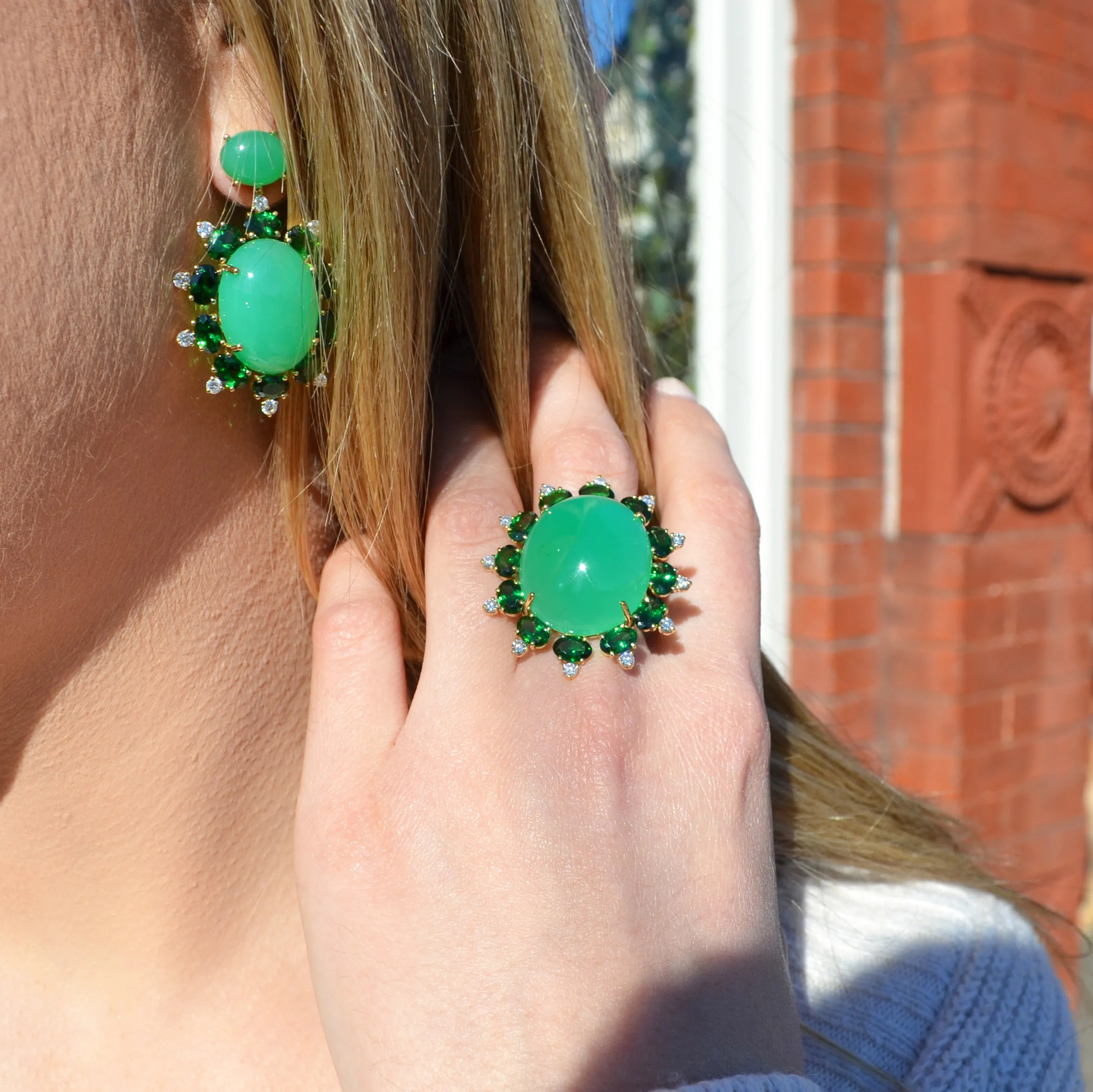 A & Furst - Sole - Drop Earrings with Natural Chrysoprase, Tsavorite Garnet and Diamonds, 18k Yellow Gold