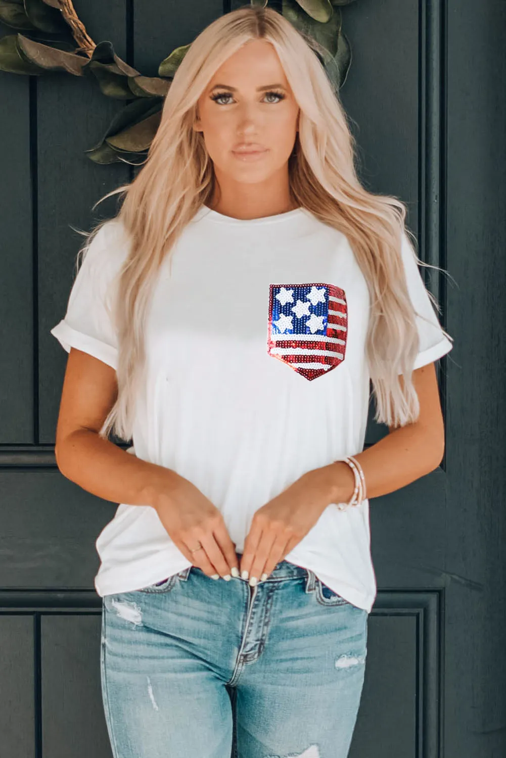 American Flag Sequin Pocket Patched T-Shirt