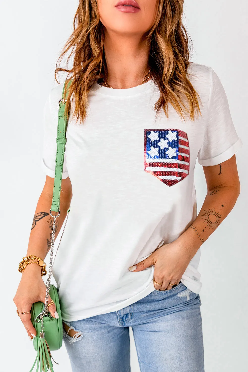 American Flag Sequin Pocket Patched T-Shirt