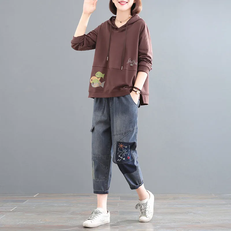 Autumn Loose Casual Cotton Hoodie & Jeans Set