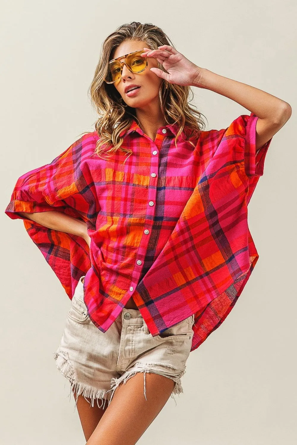 BiBi Button Up Dolman Sleeve Plaid Shirt