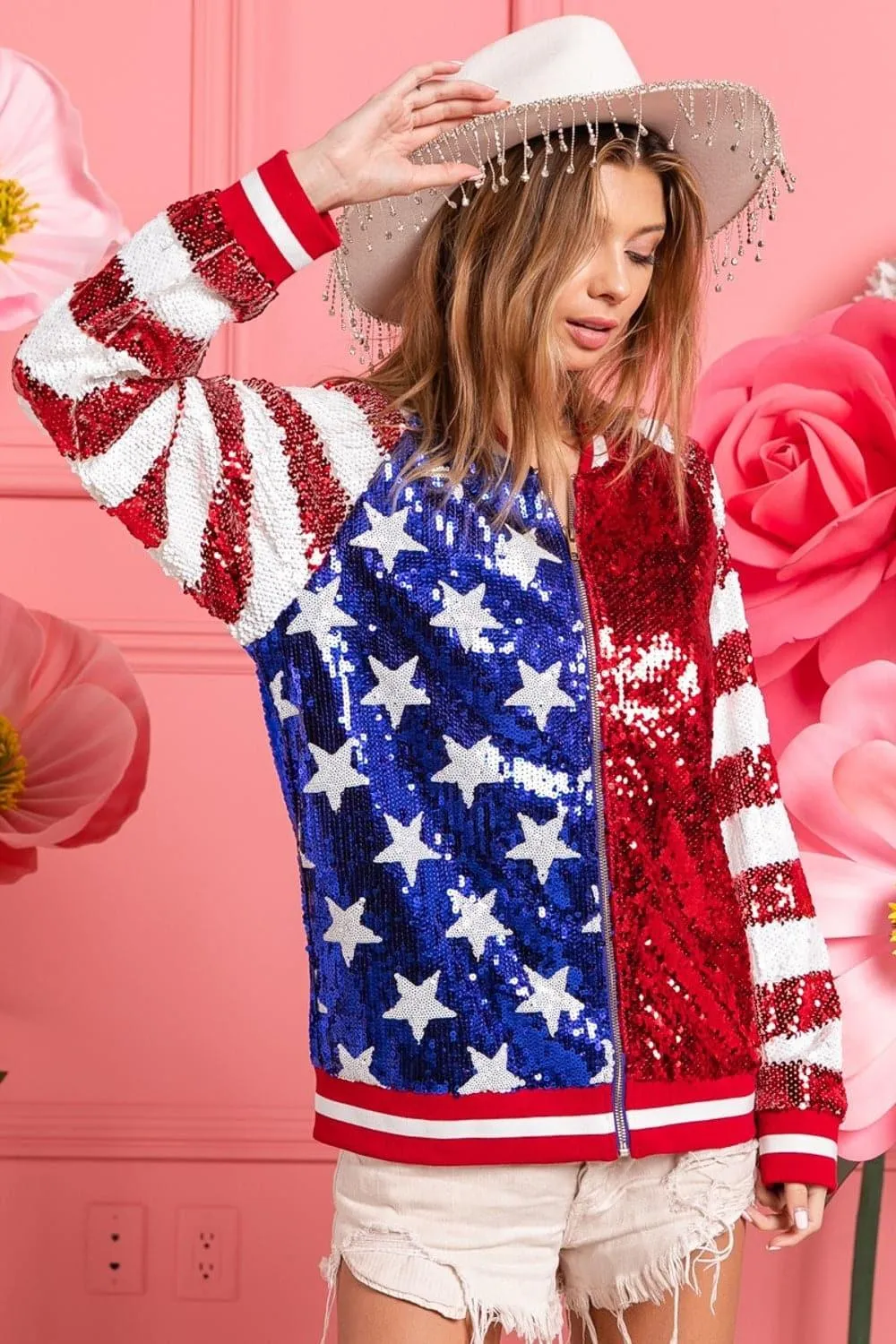 BiBi US Flag Theme Color Block Sequin Bomber Jacket