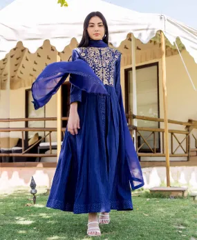 Bindhiya Royal Blue Printed and Embroidered Dress