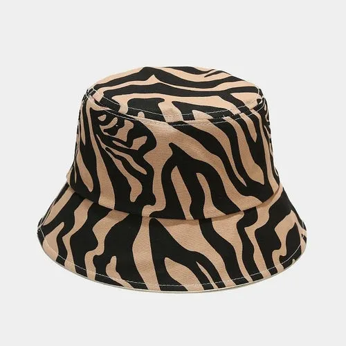 Black Beige Striped Zebra Print Bucket Hats For Womens Ladies Gifts