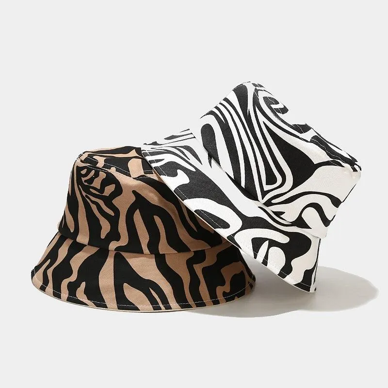 Black Beige Striped Zebra Print Bucket Hats For Womens Ladies Gifts