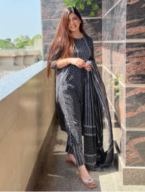 Black Ikat Cotton Salwar Suit with Dupatta