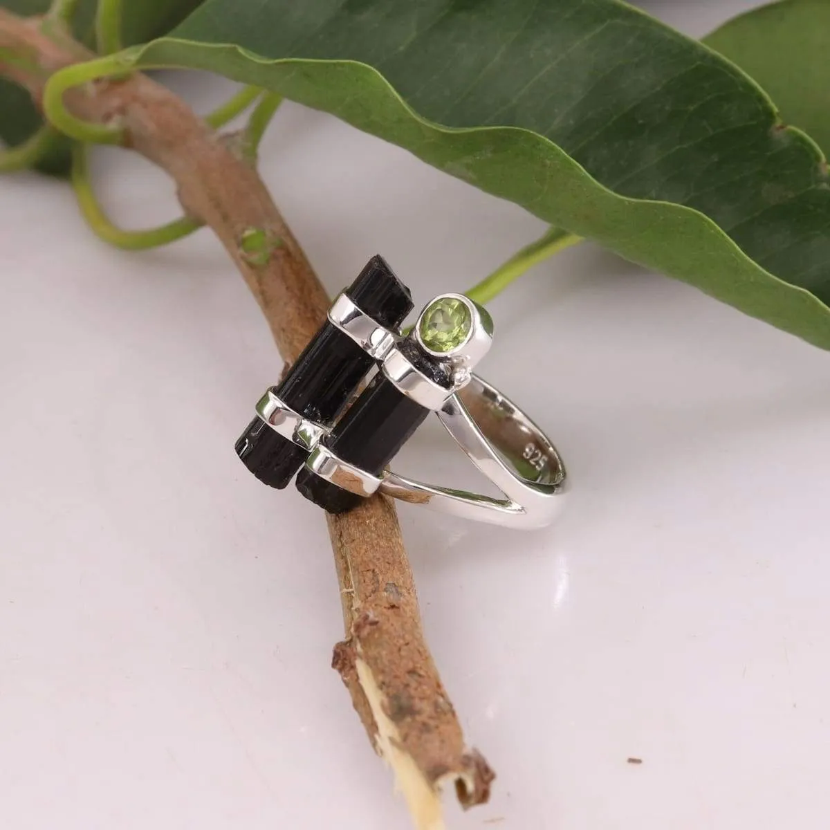 Black Tourmaline, Peridot 925 Sterling Silver Ring, Handmade Jewelry, Crystal,Unisex Tourmaline Ring, Birthstone