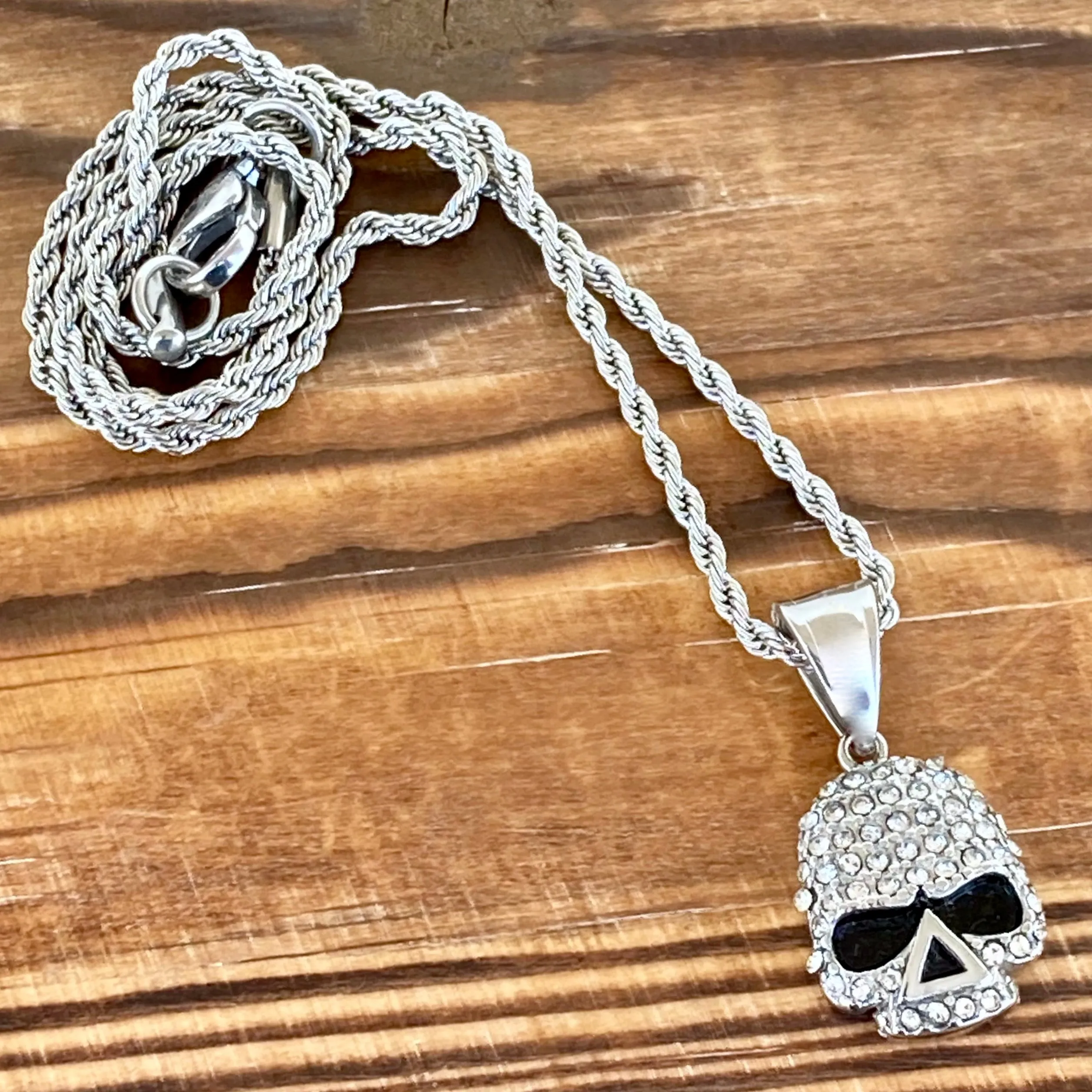 Bling Skull - Mini Pendant - White Stone - Rope Necklace or Omega - SK2595M