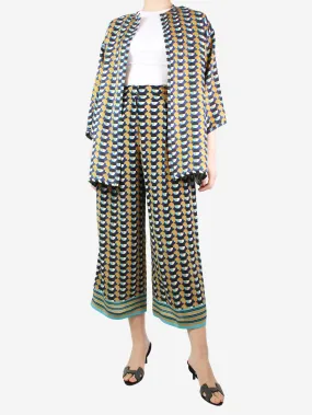 Blue geometric printed jacket and trouser set - size UK 8