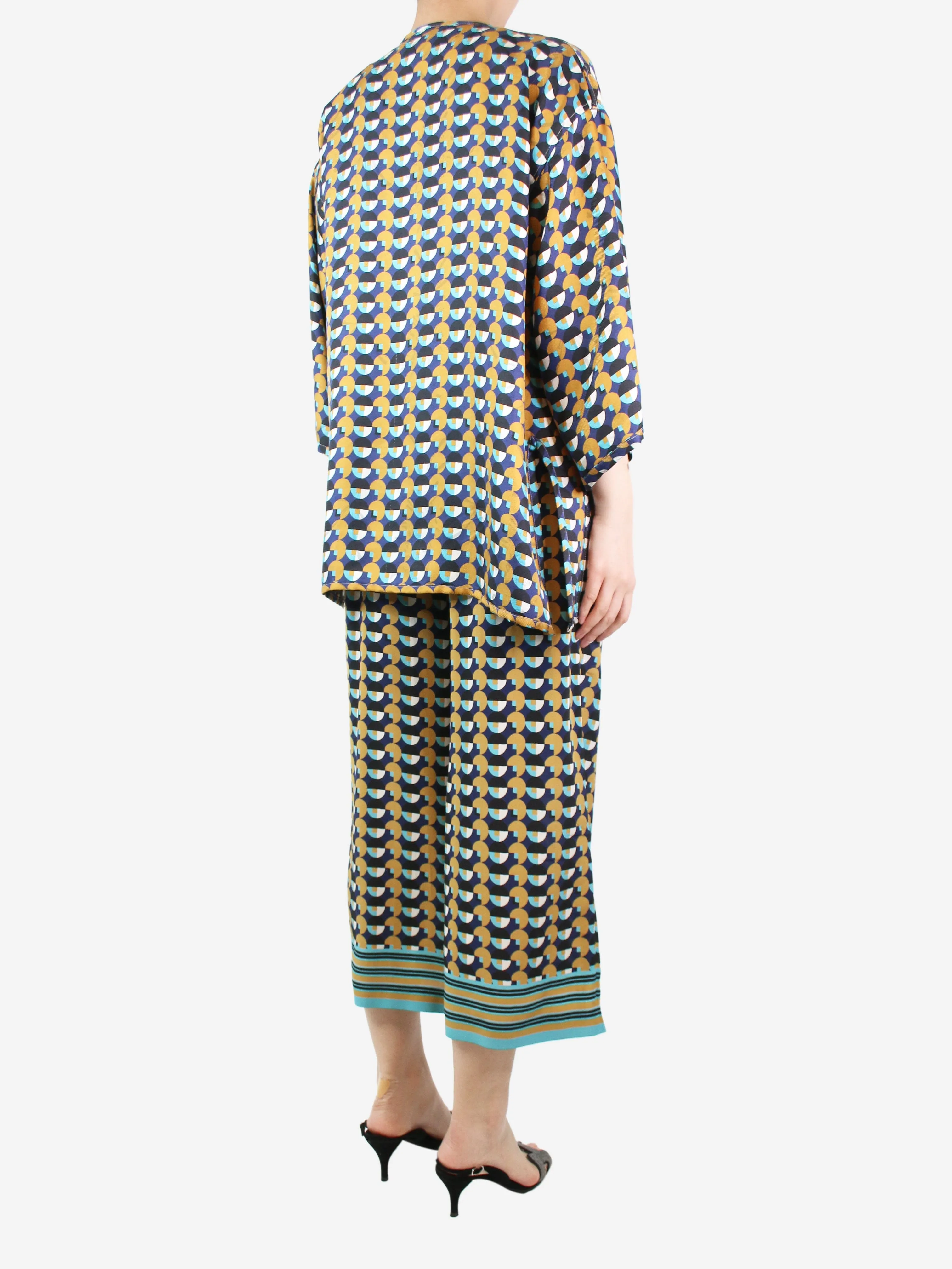 Blue geometric printed jacket and trouser set - size UK 8