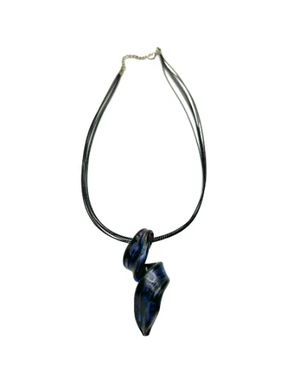 Blue, Purple and Black Murano Glass Swirl Necklace on a Black Multi-Strand Cord