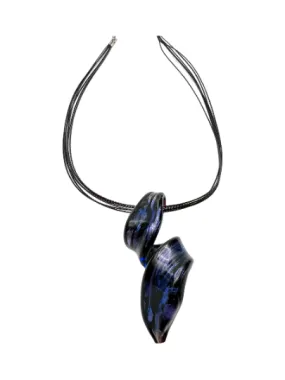 Blue, Purple and Black Murano Glass Swirl Necklace on a Black Multi-Strand Cord