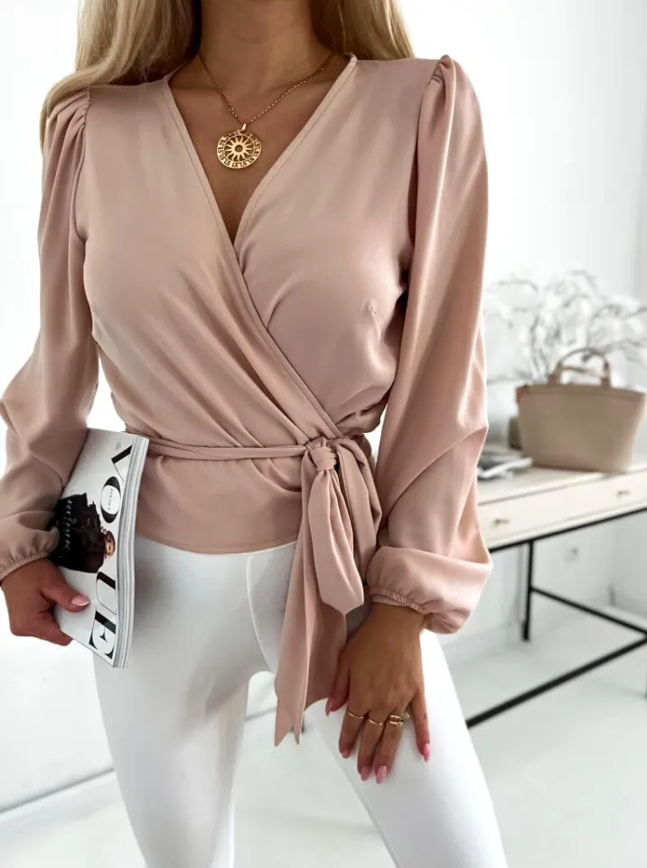 Blusa beige a manica lunga con scollo a V sovrapposto allacciabile in vita