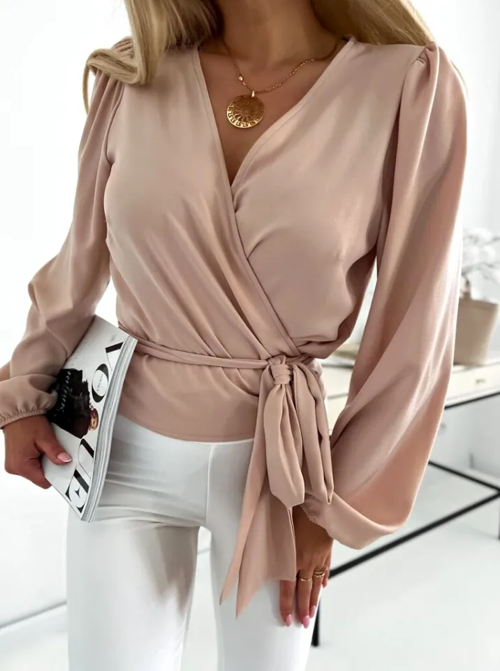 Blusa beige a manica lunga con scollo a V sovrapposto allacciabile in vita