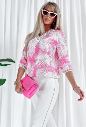 Blusa casual rosa a fantasia foglie con scollo a V e bordi dorati