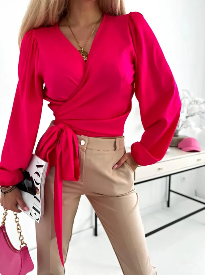 Blusa fucsia a manica lunga con scollo a V sovrapposto allacciabile in vita