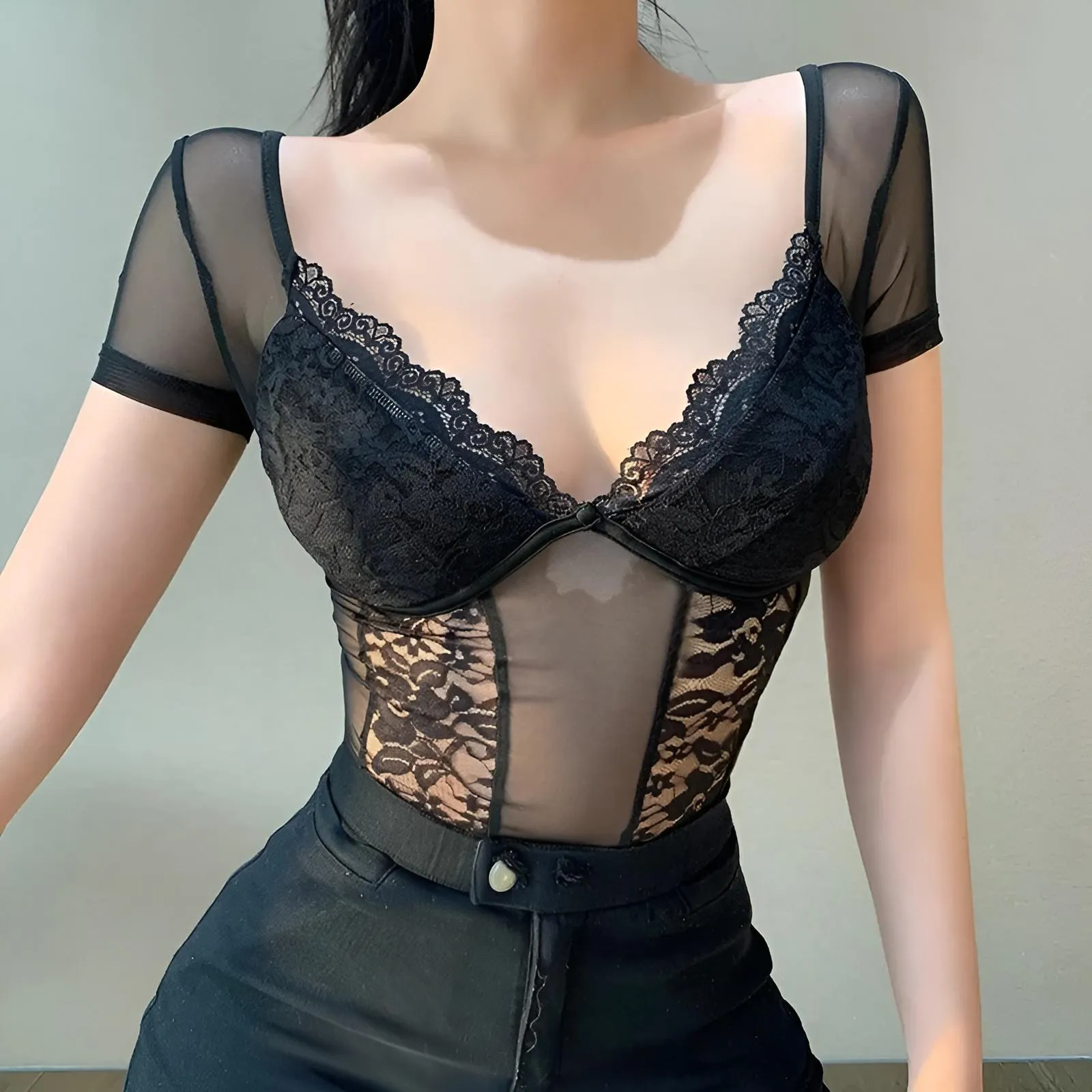 Body Donna Scollo Cuore Pizzo Mezza Manica Velato Sexy Casual Elegante