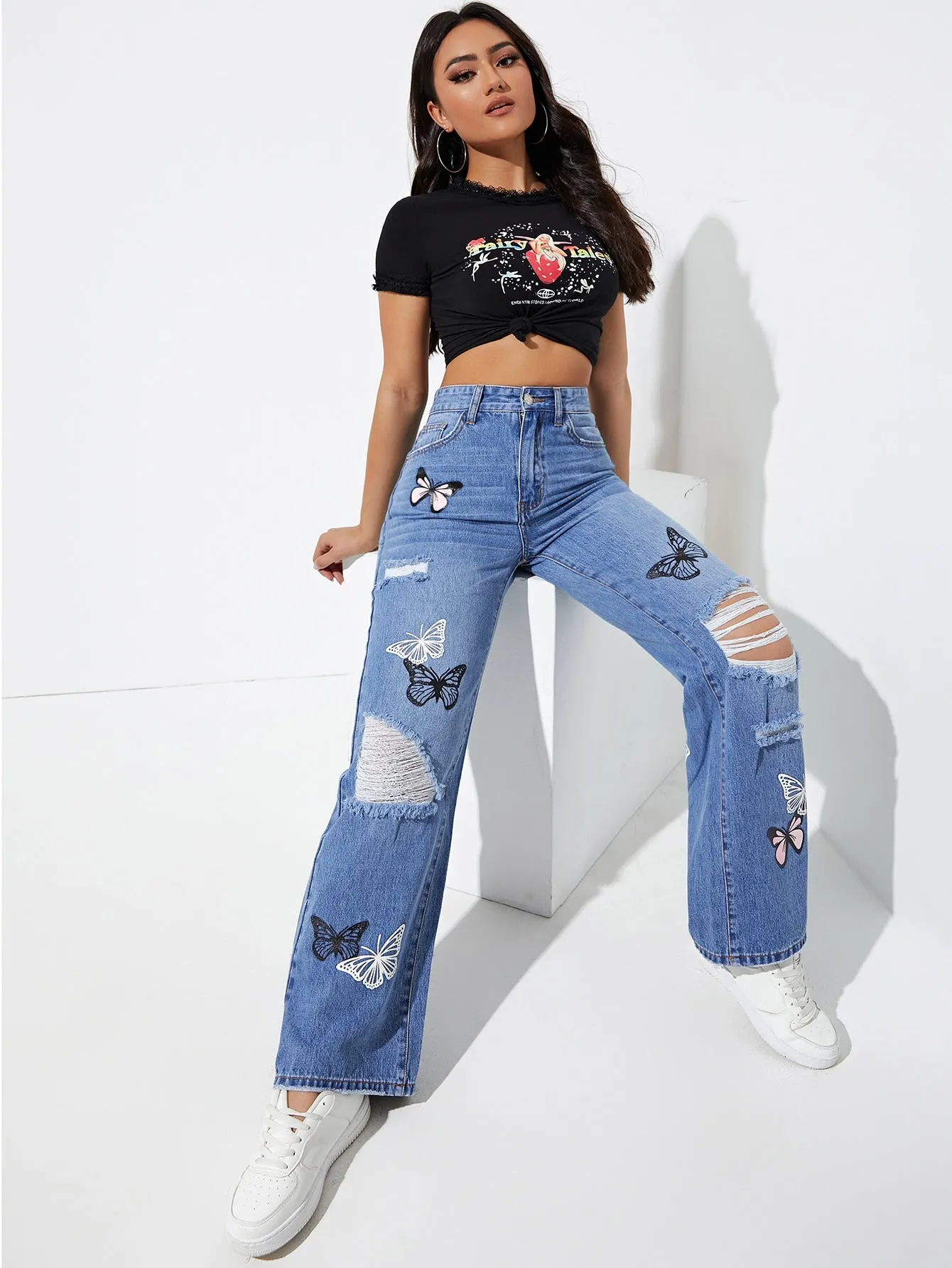 Butterfly Print Ripped Straight Leg Jeans