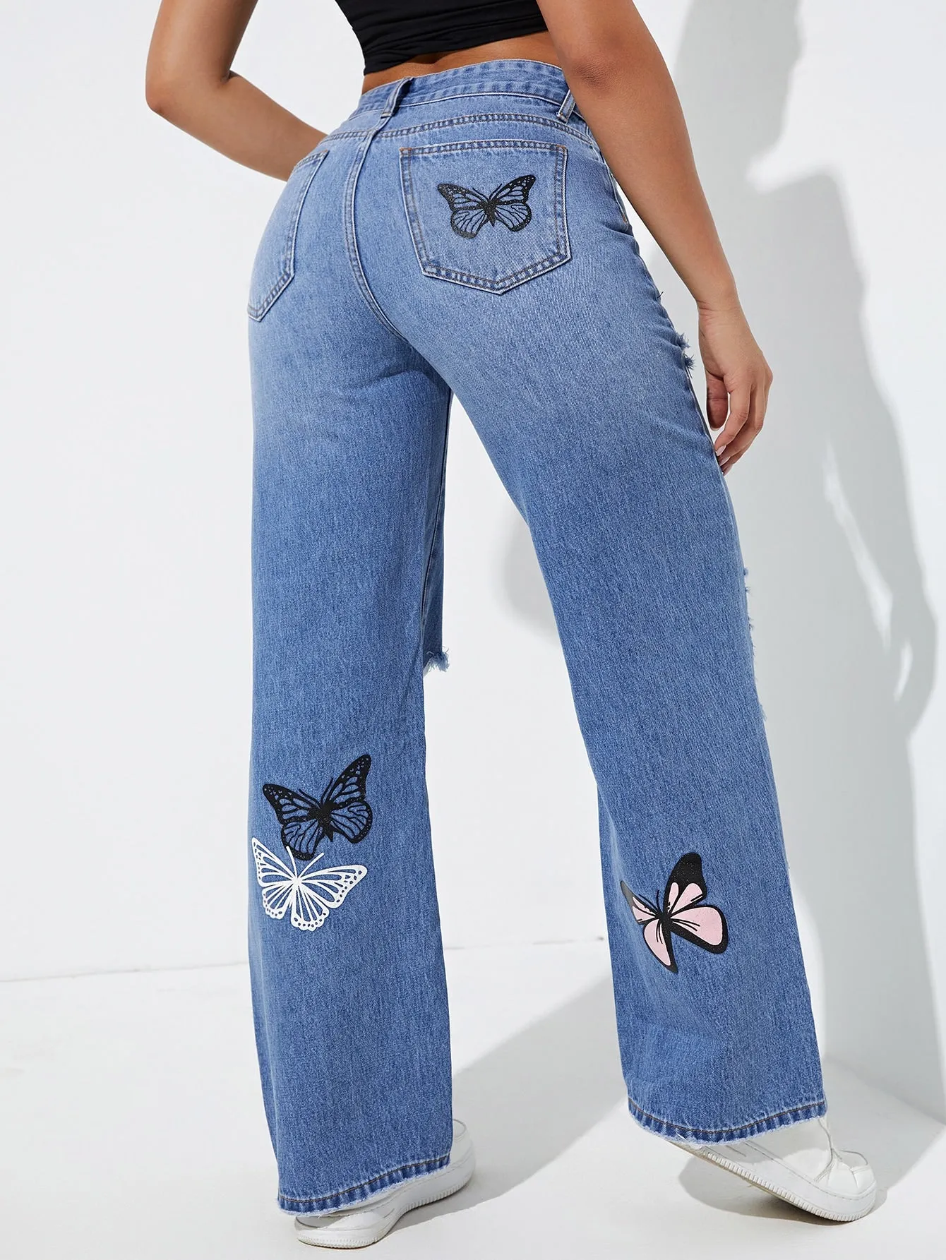 Butterfly Print Ripped Straight Leg Jeans