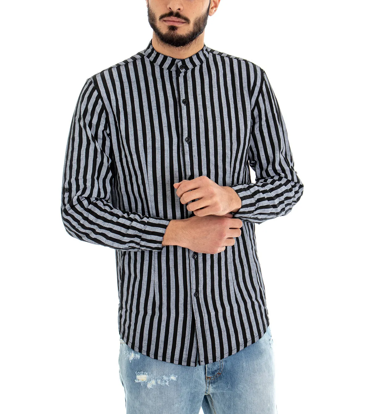 Camicia Uomo Collo Coreano Rigata Nero Manica Lunga Lino Cotone GIOSAL-C1563A