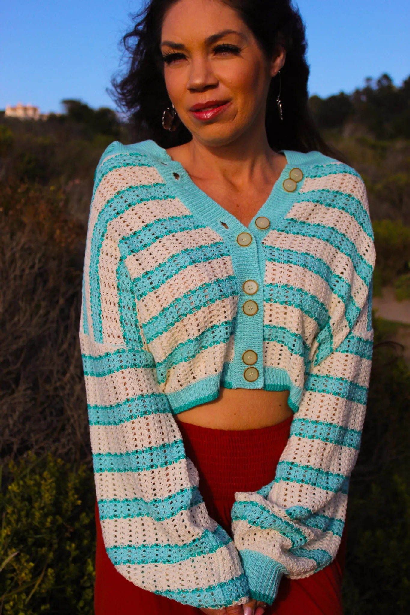 Capitola Stripe Knit Collard Cardigan - Teal/Cream