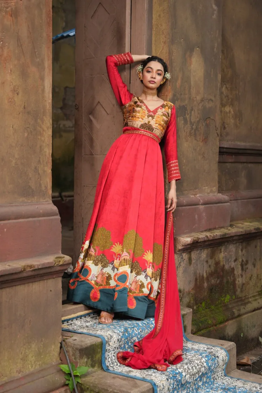 Cherry Red Ethnic Printed Anarkali with Dupatta