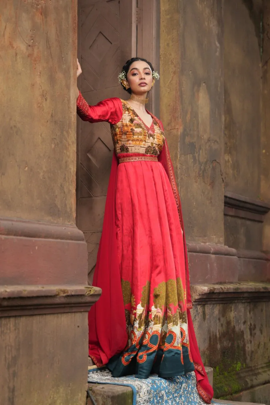 Cherry Red Ethnic Printed Anarkali with Dupatta