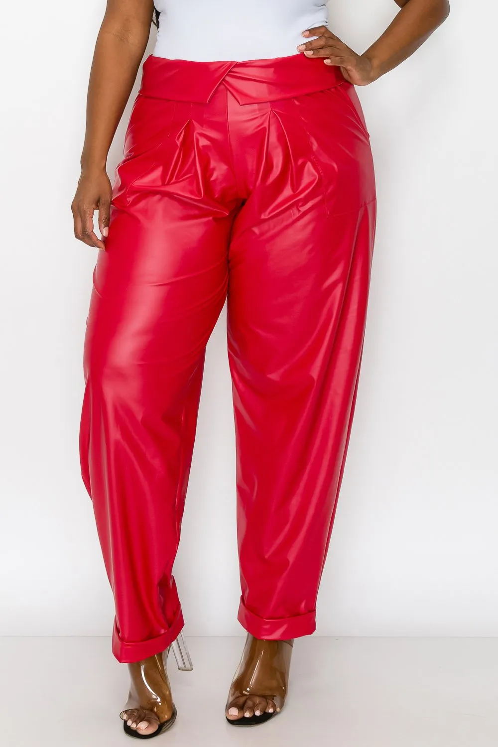 Collared Faux Leather Pants w/ Pockets