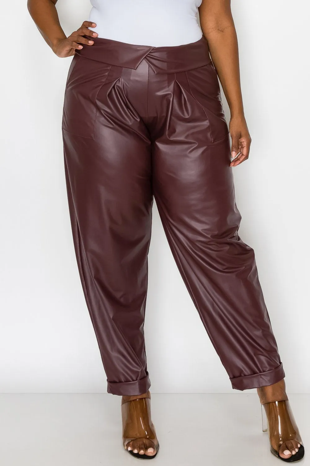 Collared Faux Leather Pants w/ Pockets