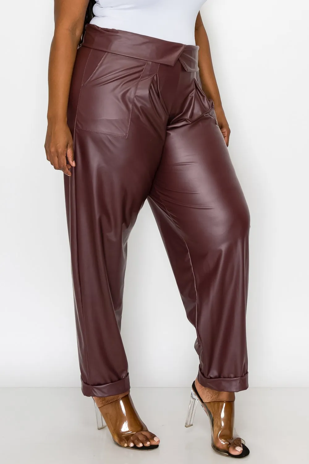 Collared Faux Leather Pants w/ Pockets