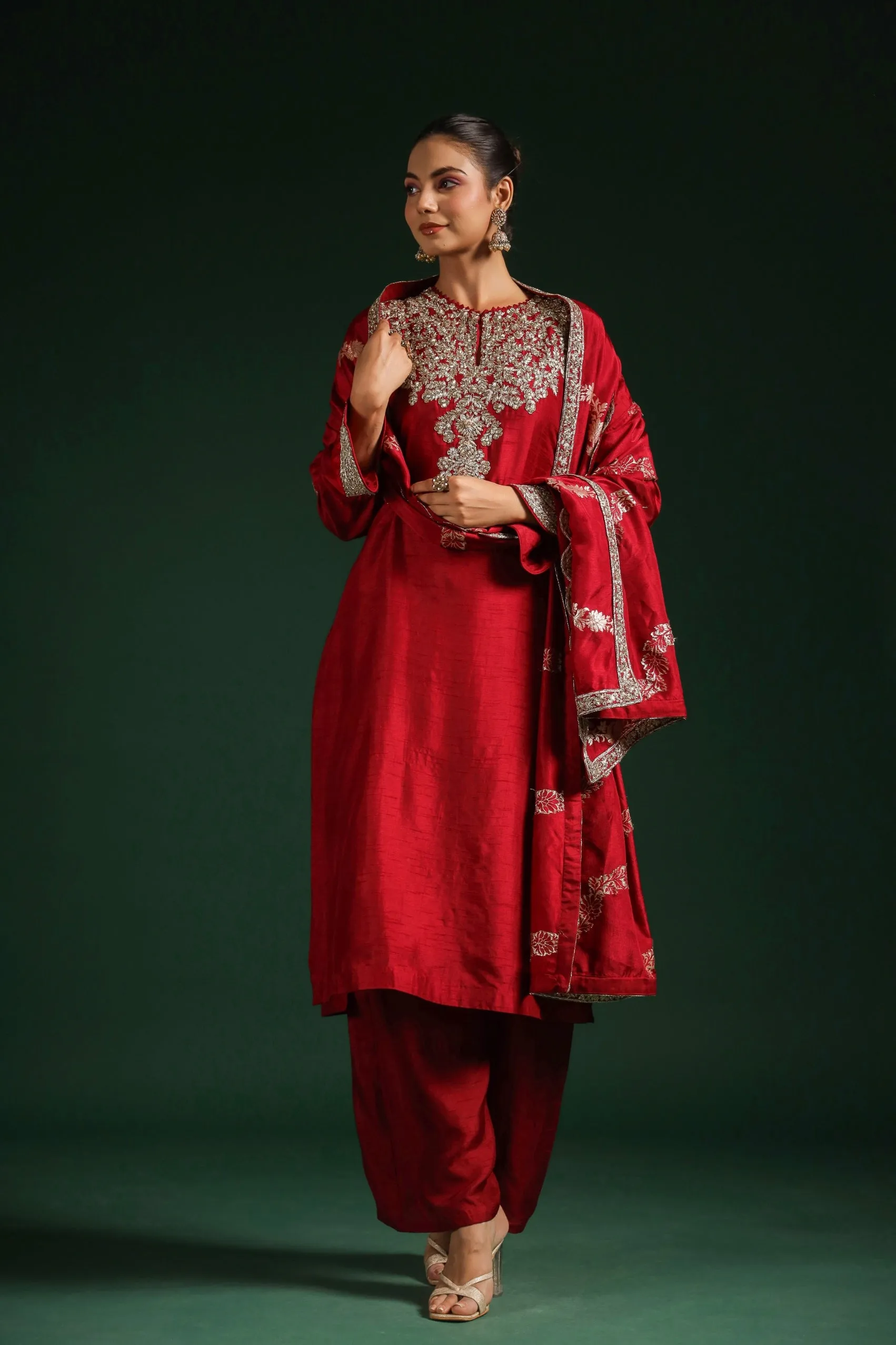 Crimson Red Embellished Raw Silk Pants Set