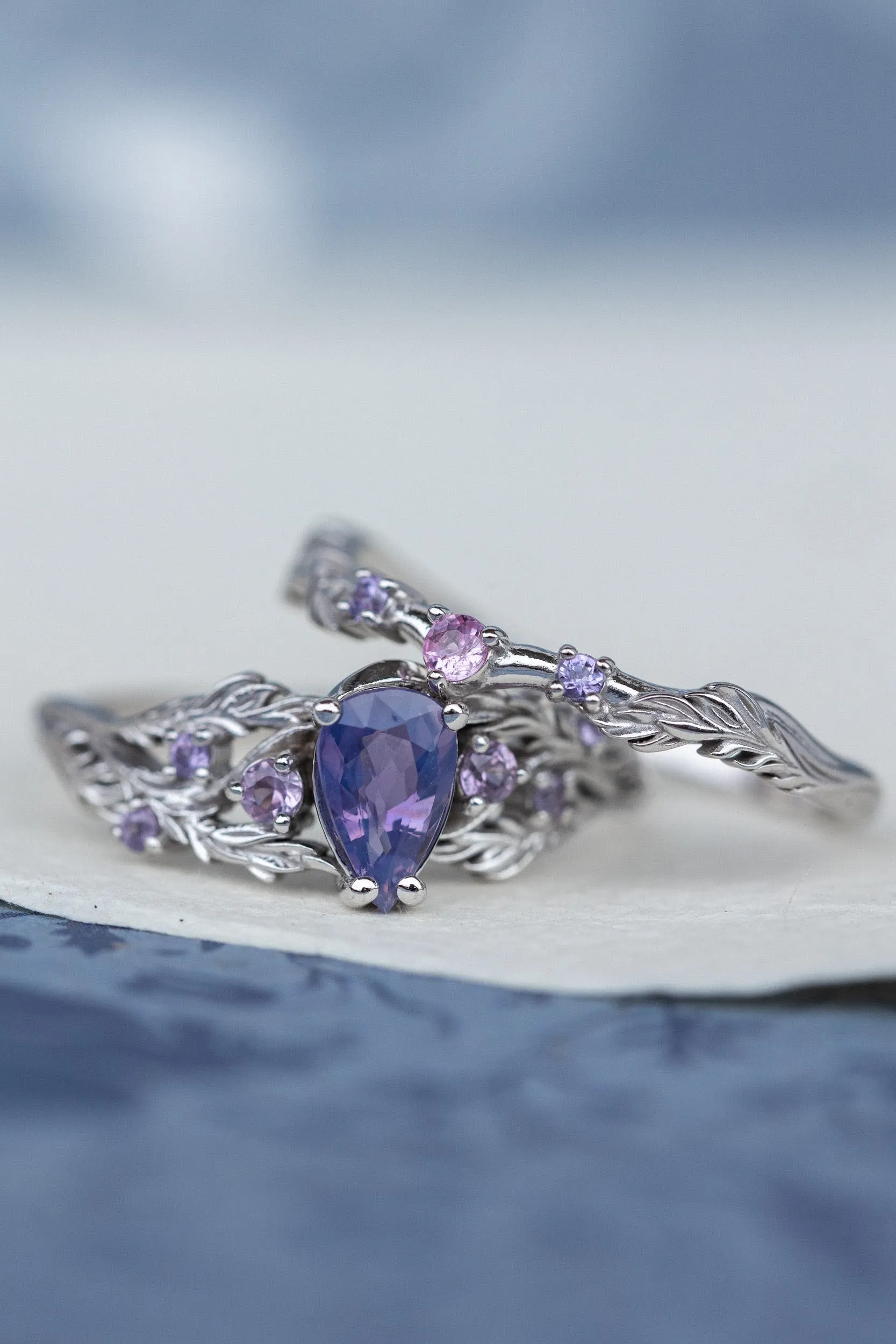 Custom order: Japanese Maple ring set with all natural pinkish purple sapphires