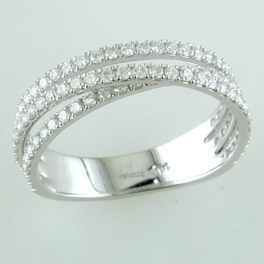 Diamond Crossover Band Ring Three Offset Rows in 14K White Gold