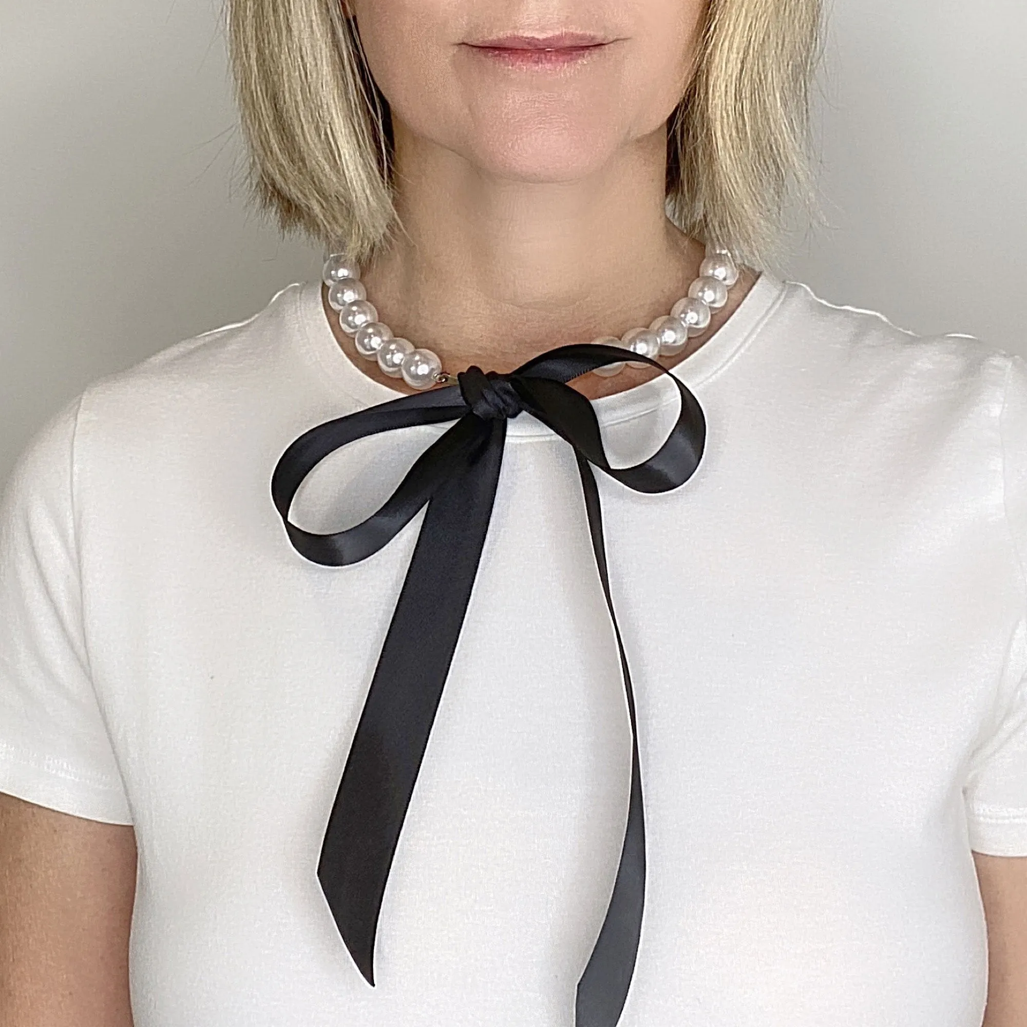 DOTTY white pearl ribbon tie necklace (more colours available)