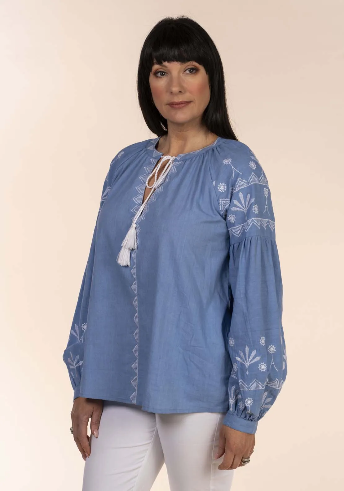 Embroid Yoke Cheesecloth Blouse - Blue