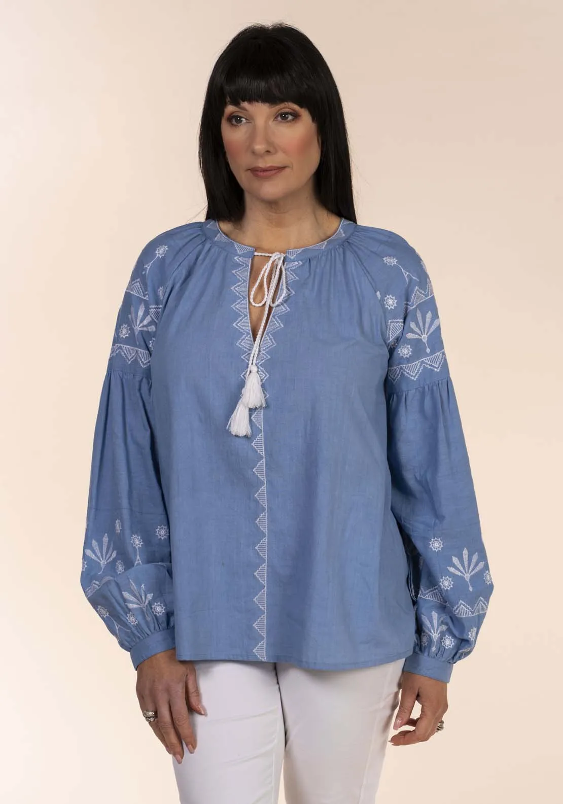 Embroid Yoke Cheesecloth Blouse - Blue