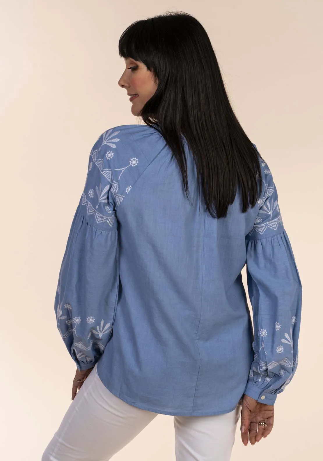 Embroid Yoke Cheesecloth Blouse - Blue