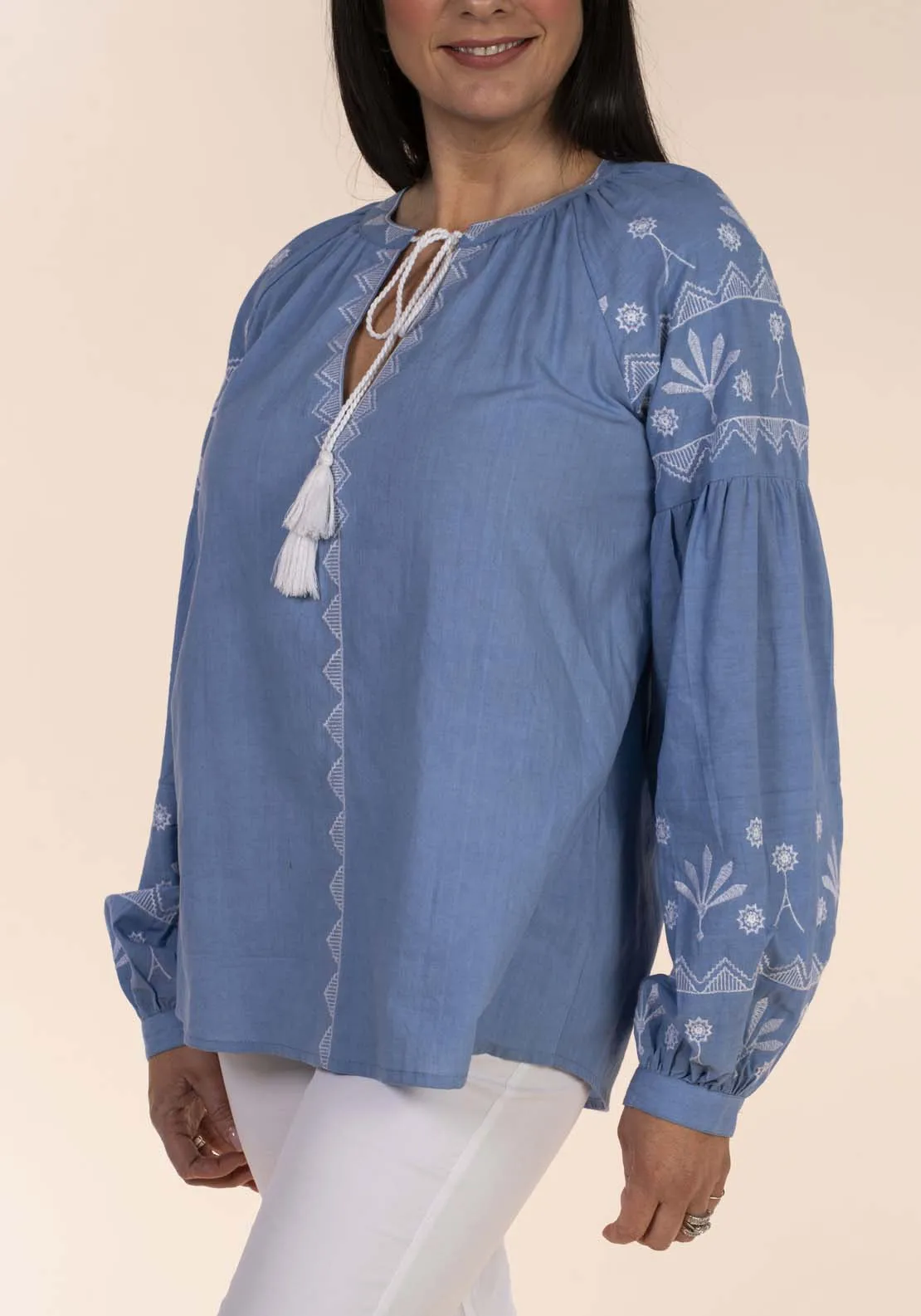 Embroid Yoke Cheesecloth Blouse - Blue