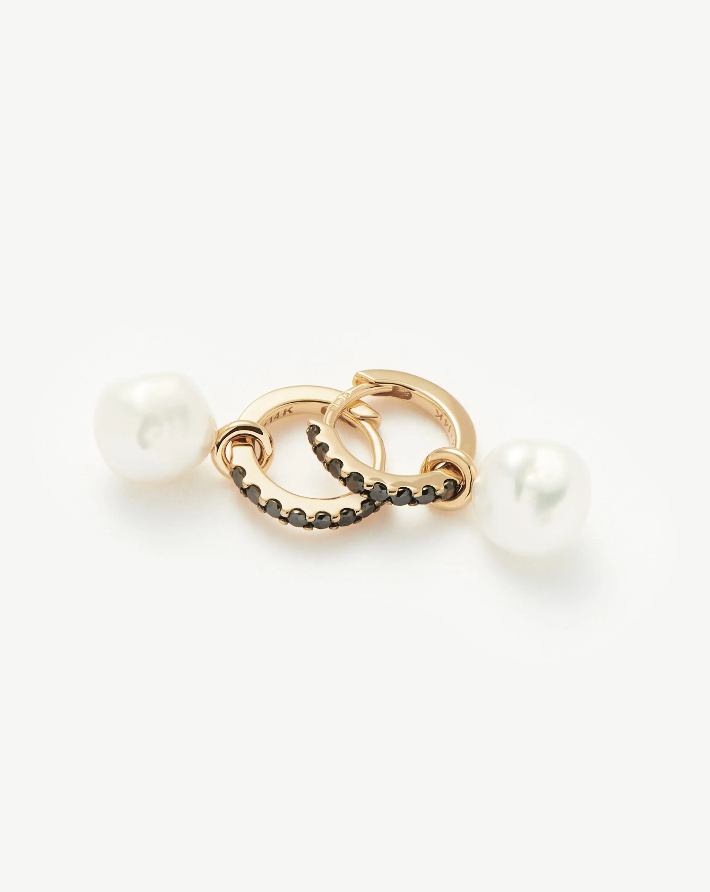 Fine Diamond & Pearl Charm Hoop Earrings | 14k Solid Gold/Pearl & Black Diamond