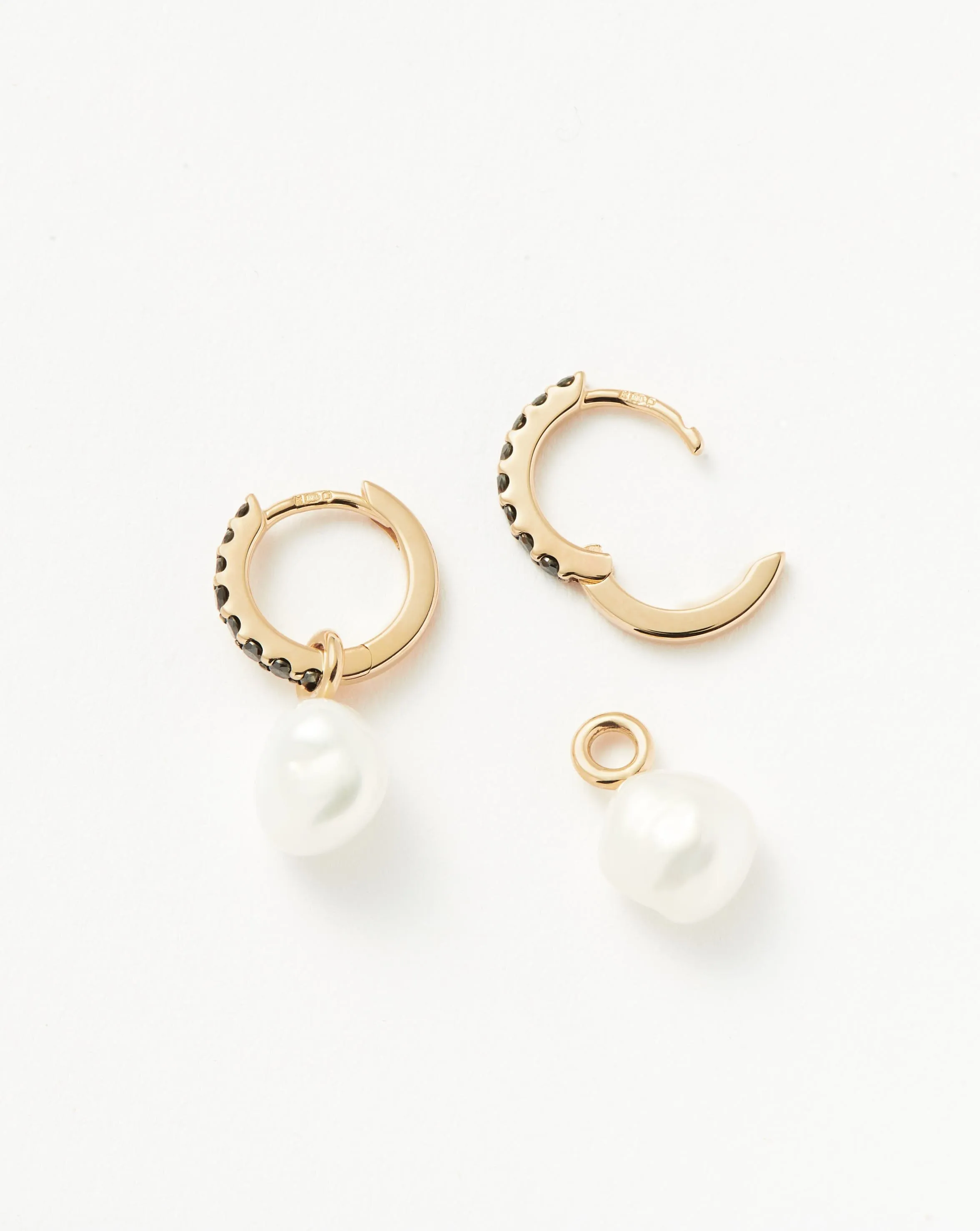 Fine Diamond & Pearl Charm Hoop Earrings | 14k Solid Gold/Pearl & Black Diamond