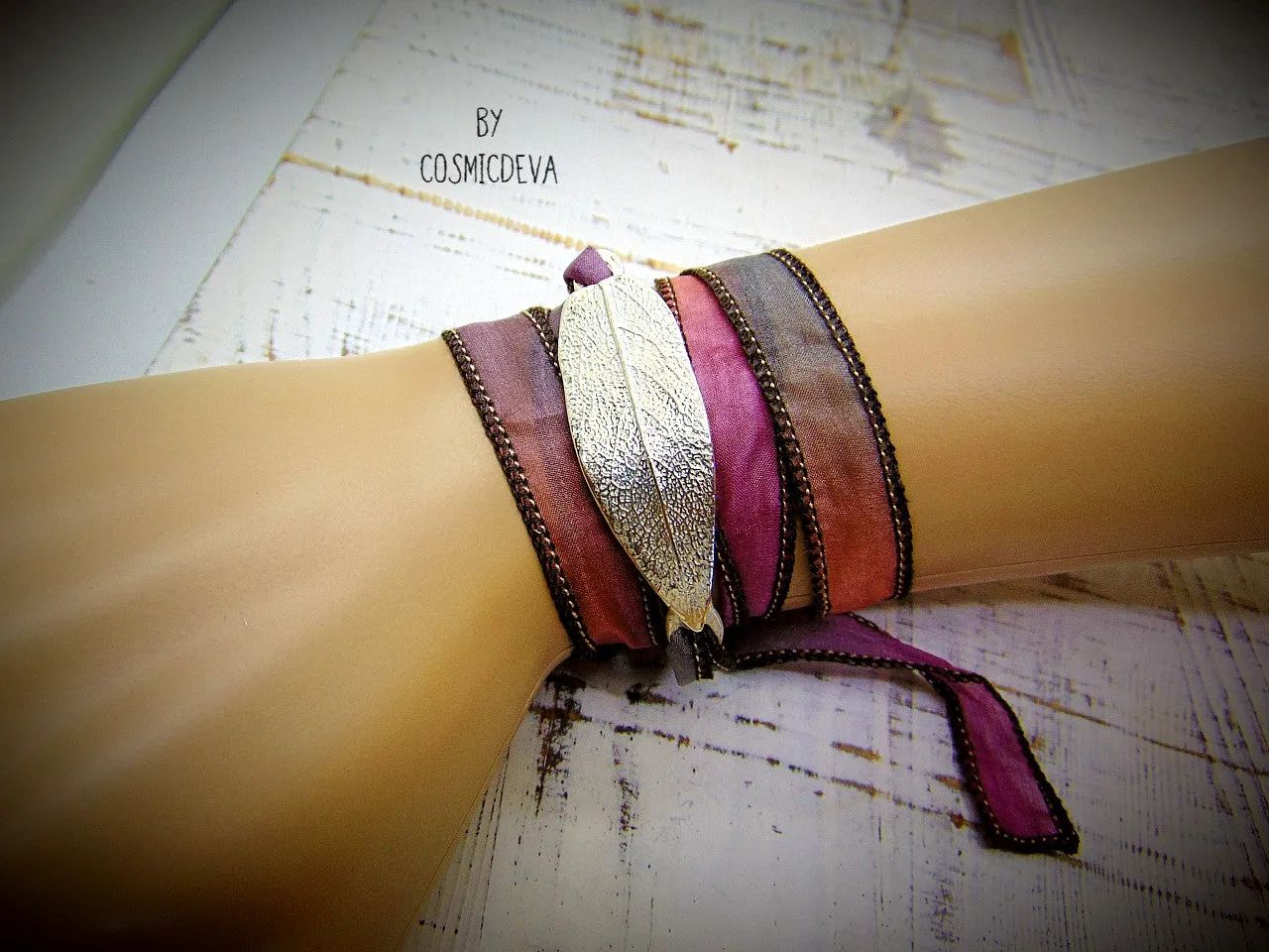 Fine Silver Sage Leaf Silk Ribbon Wrap Bracelet