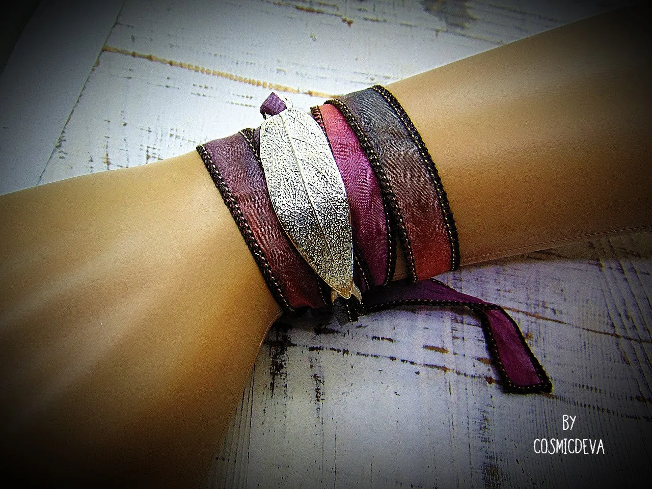 Fine Silver Sage Leaf Silk Ribbon Wrap Bracelet