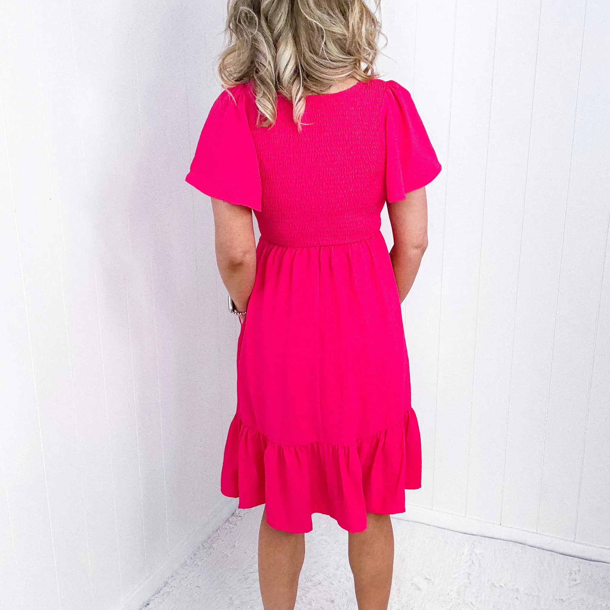 Fuchsia Smocked Fit and Flare Flutter Sleeve Dress