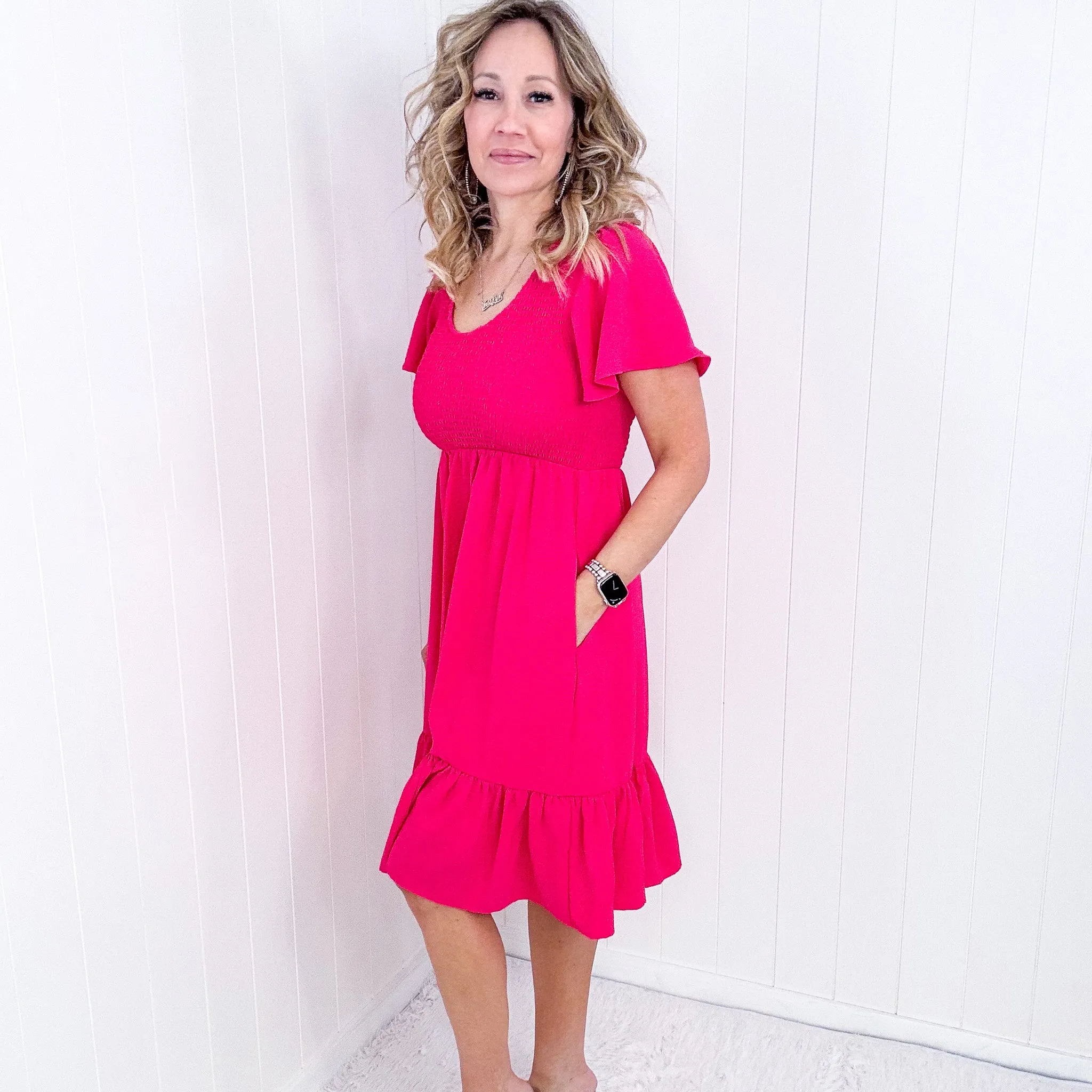 Fuchsia Smocked Fit and Flare Flutter Sleeve Dress